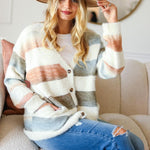 Ivory Striped Button Down Fuzzy Knit Cardigan