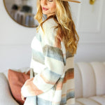 Ivory Striped Button Down Fuzzy Knit Cardigan