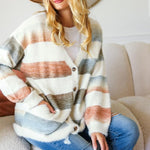 Ivory Striped Button Down Fuzzy Knit Cardigan