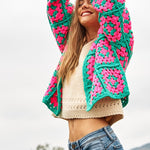 Two-Tone Floral Square Crochet Open Knit Cardigan