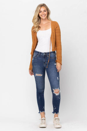 Judy Blue Mid-Rise Raw Hem Destroyed Skinny Jeans