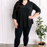 2.19 V Neck Stretchy Blouse Top With Button Sleeve Detail In Black