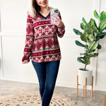 12.4 V Neck Sweater Knit Top In Red Snowflake