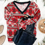 12.4 V Neck Sweater Knit Top In Red Snowflake