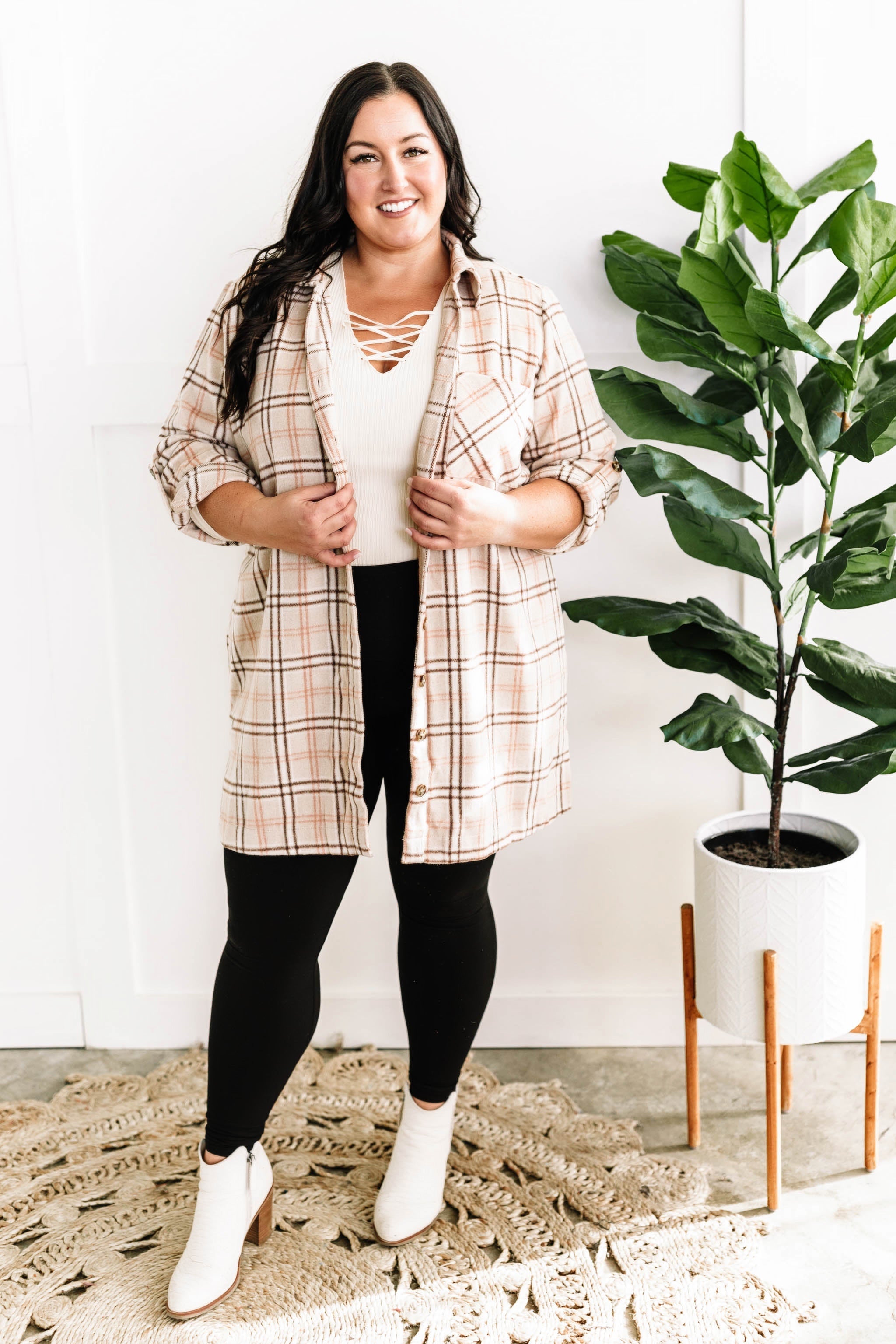 11.1 Plaid Button Up Tunic In Beige & Pink