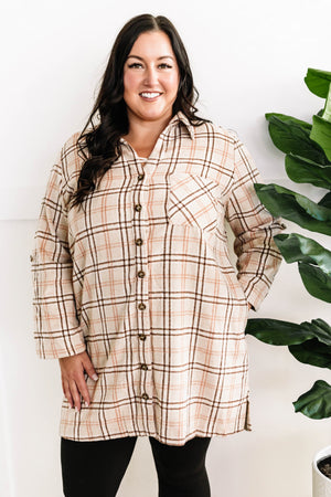 11.1 Plaid Button Up Tunic In Beige & Pink