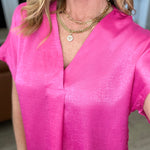 Pleat Front V-Neck Top in Hot Pink