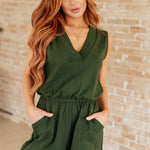 Sleeveless V-Neck Romper in Army Green