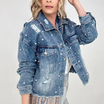 Pearl Embellished Ripped Button Down Denim Jacket